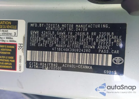 2009 Toyota Camry Le из США, поврежденный, VIN 4T1BE46K39U824280